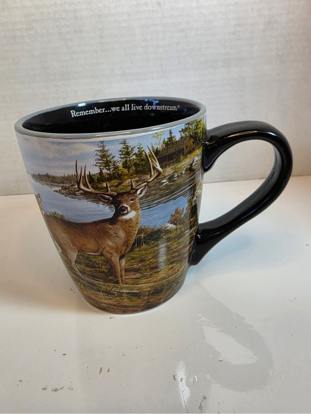BASS PRO SHOPS Large Coffee Mug 24oz Buck Deer Doe Forest Black Brown Ceramic